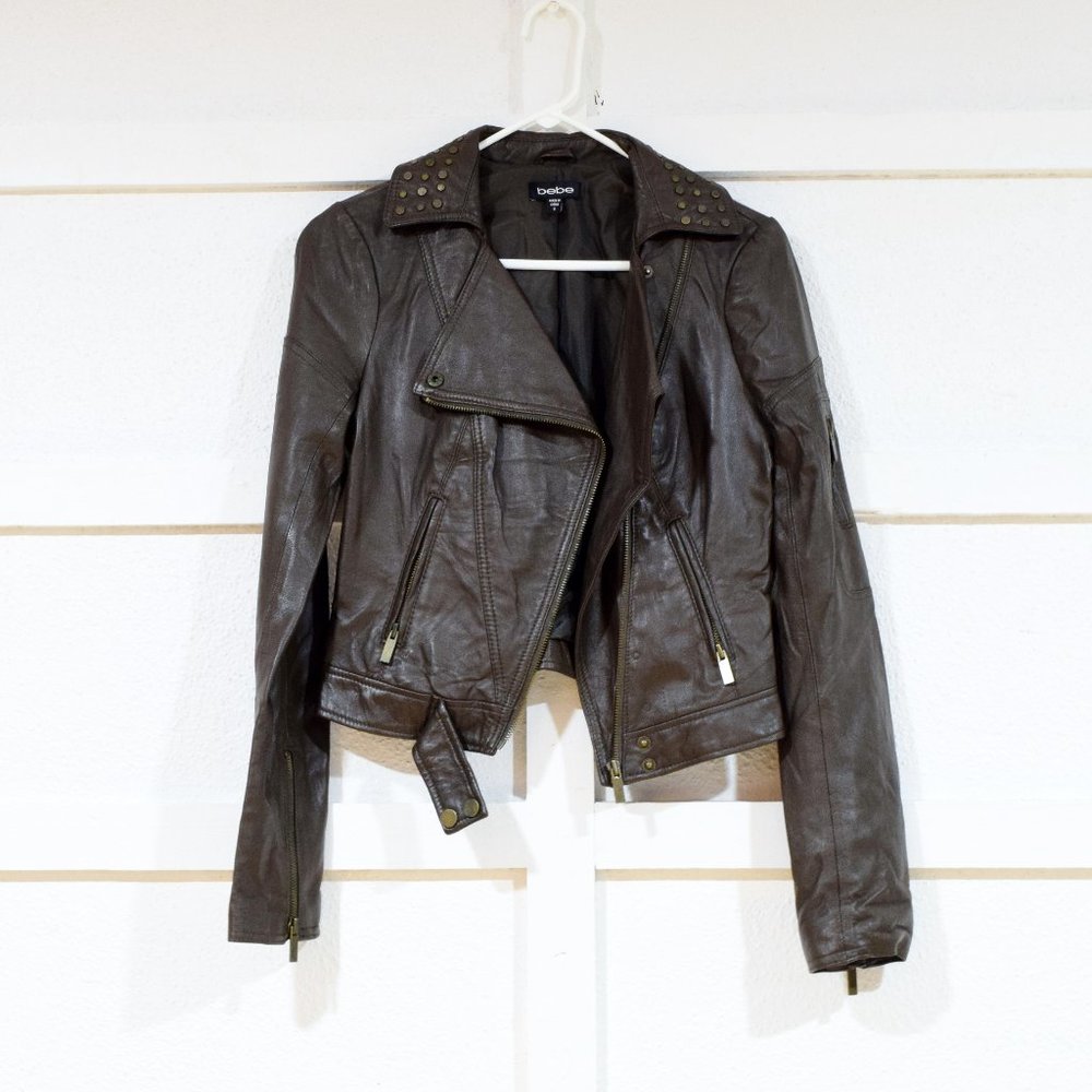 BEBE Beech Brown Leather Studded Collar Moto Motorcycle Jacket | Size S
